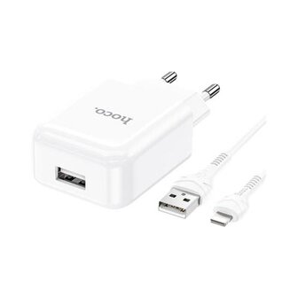 Hoco N2 Vigour Compacte USB Oplader + USB - Lightning oplader - Wit (N2LW)