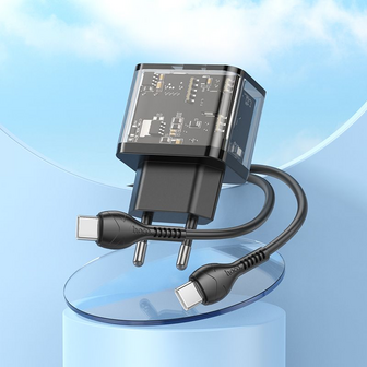 Hoco N34 Snellader Met 2 Poorten Voor Type C Output USB-A En USB-C Transparant