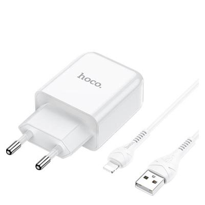 Hoco N2 Vigour Compacte USB Oplader + USB - Lightning oplader - Wit (N2LW)