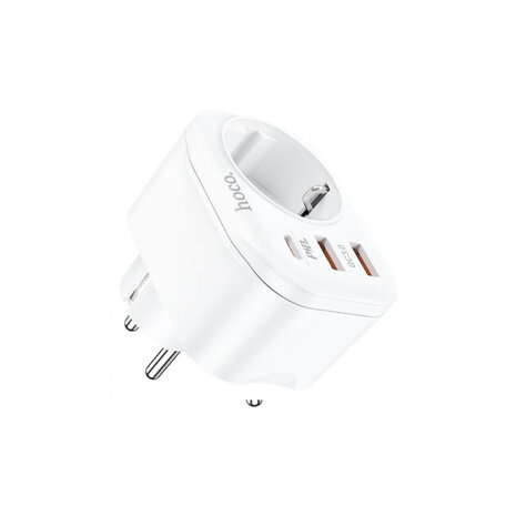 Hoco Multifunctionele Stopcontact Snellader Met 2x USB 1x USB-C PD20W - Wit (NS3W)