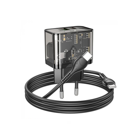 Hoco N34 Snellader Met 2 Poorten Voor Type C Output USB-A En USB-C Transparant