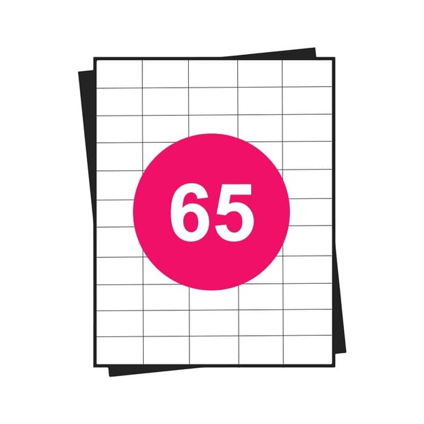Huismerk A4 stickervellen, 65 per vel, wit, permanent, 38,1mm x 21,2mm 100 sheets