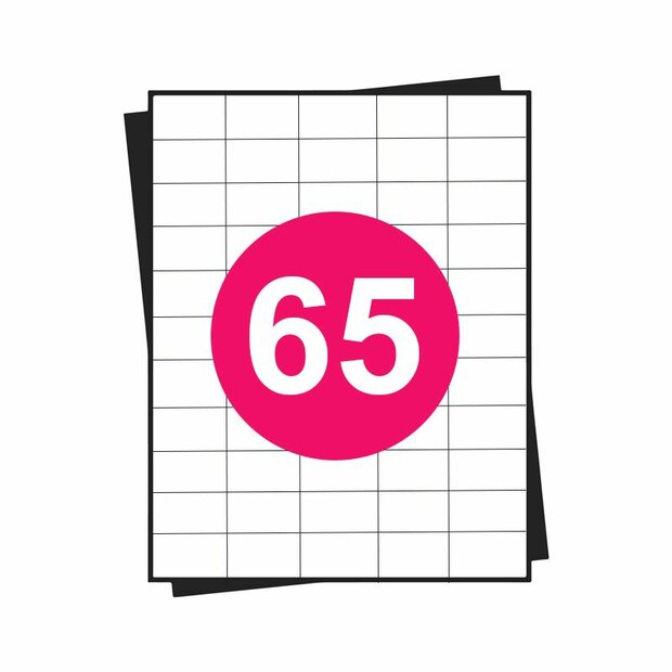 A4 stickervellen, 65 per vel, wit, permanent, 38,1mm x 21,2mm 100 sheets