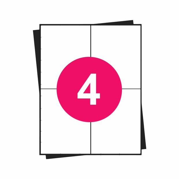 A4 stickervellen, 4 per vel, wit, permanent, 104mm x 148mm 100 sheets
