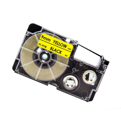 Huismerk Casio XR-9YW Tape Zwart op Geel 9mm.